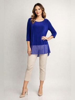 CHICO'S TRAVELERS Blue Casa Travel Knit Tunic Top Sheer Hem 2 L Purple